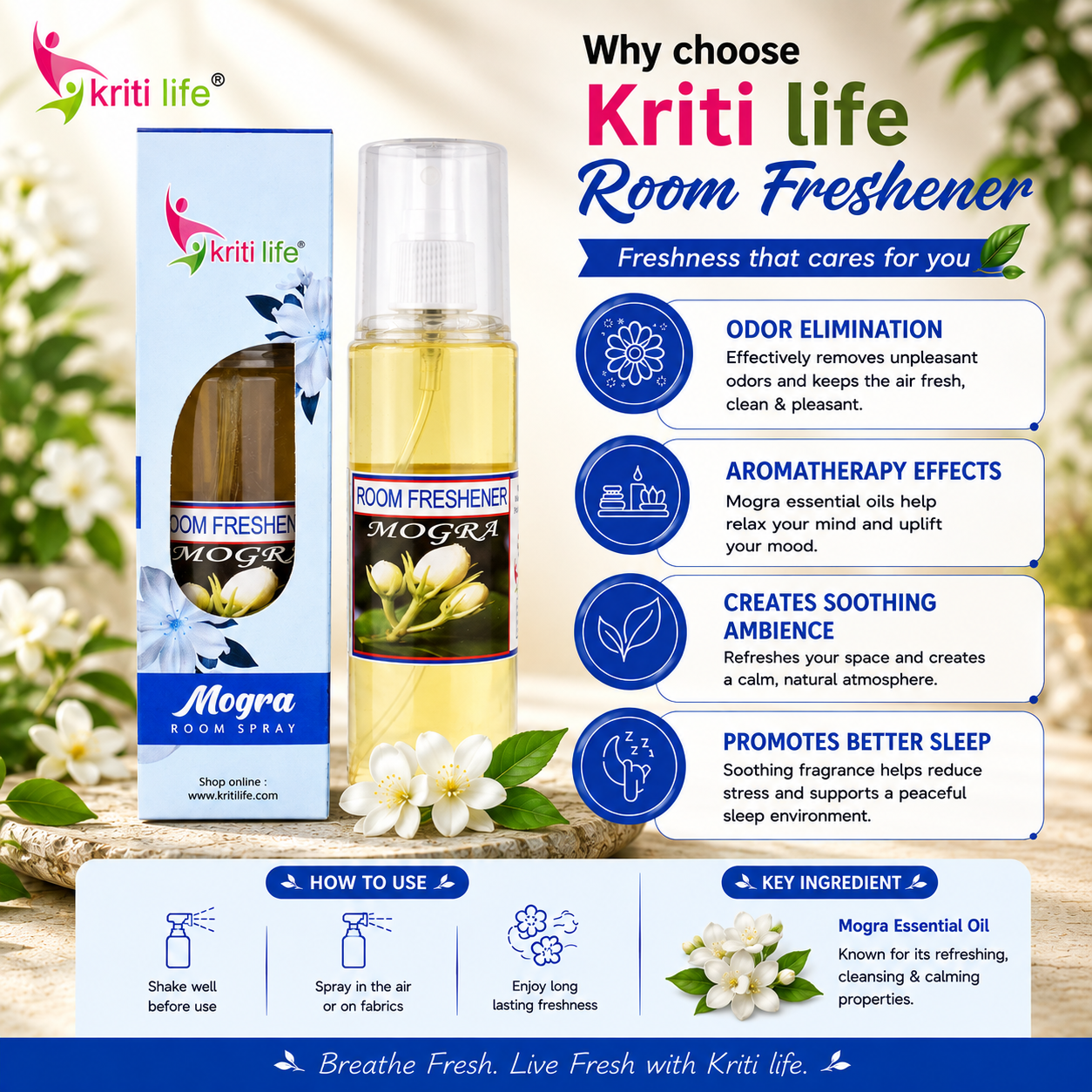 Mogra Room Spray - 165 ML Long-Lasting Fragrance for Home &amp; Office