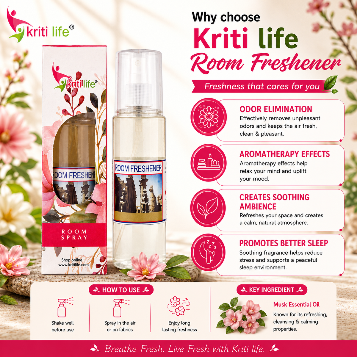 Musk Room Spray - 165 ML Long-Lasting Fragrance for Home &amp; Office.
