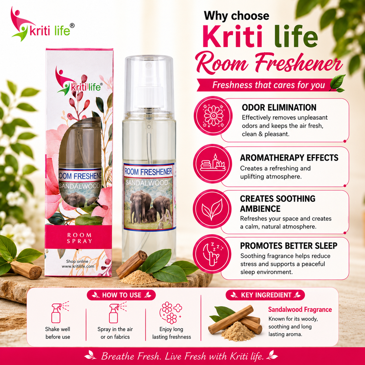 Sandalwood Room Spray - 165 ML Long-Lasting Fragrance for Home &amp; Office