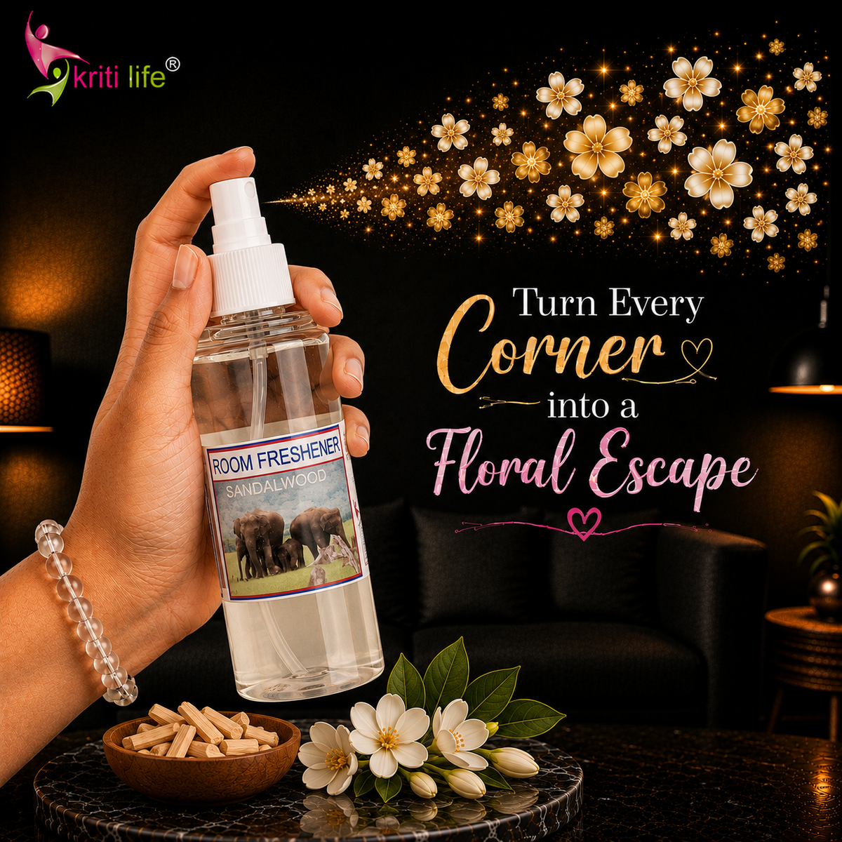 Sandalwood Room Spray - 165 ML Long-Lasting Fragrance for Home &amp; Office