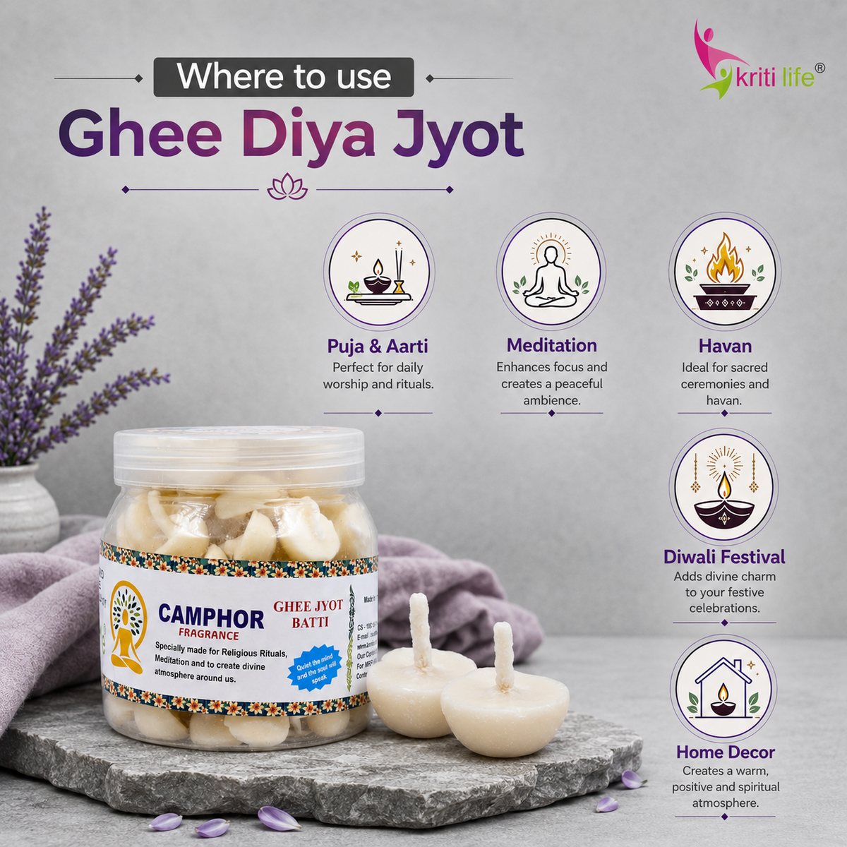 Camphor Scented Ghee Jyot Batti - 100 Pcs | Burns upto 20 Minutes