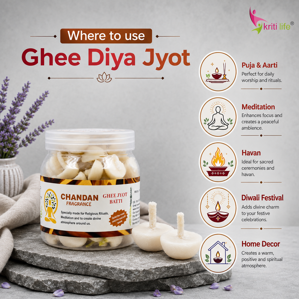 Chandan Scented Ghee Jyot Batti - 100 Pcs | Burns upto 20 Minutes