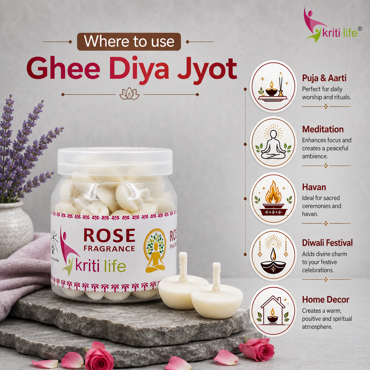 Rose Scented Ghee Jyot Batti - 100 Pcs | Burns upto 20 Minutes