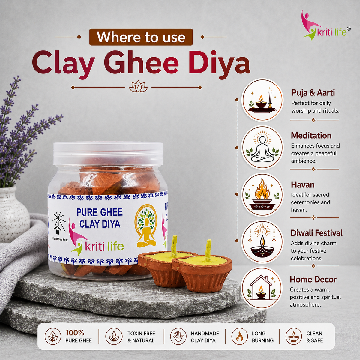 Clay Ghee Jyot Diyas 21 Pcs Ideal for Puja & Festivals