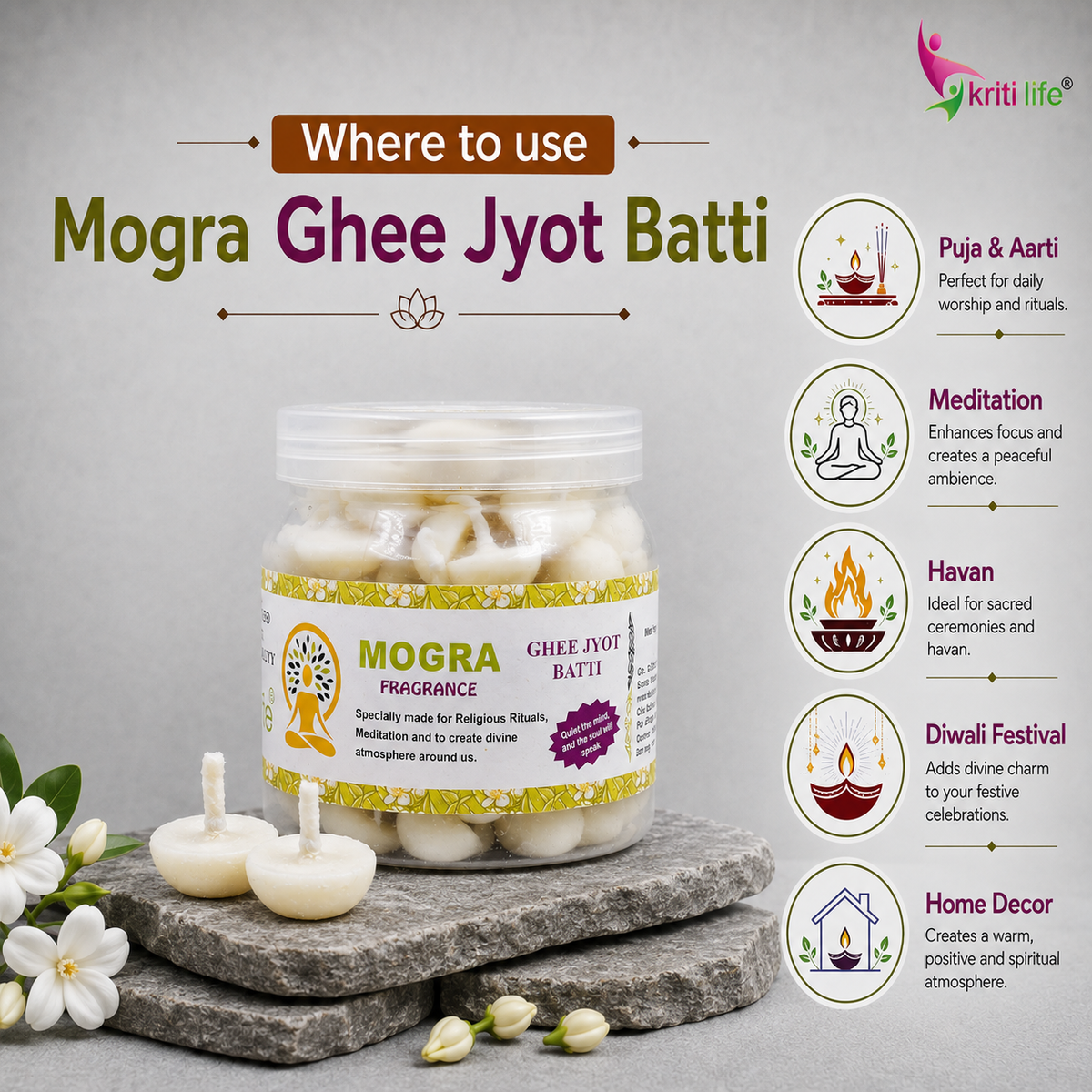 Mogra Scented Ghee Jyot Batti - 100 Pcs | Burns upto 20 Minutes