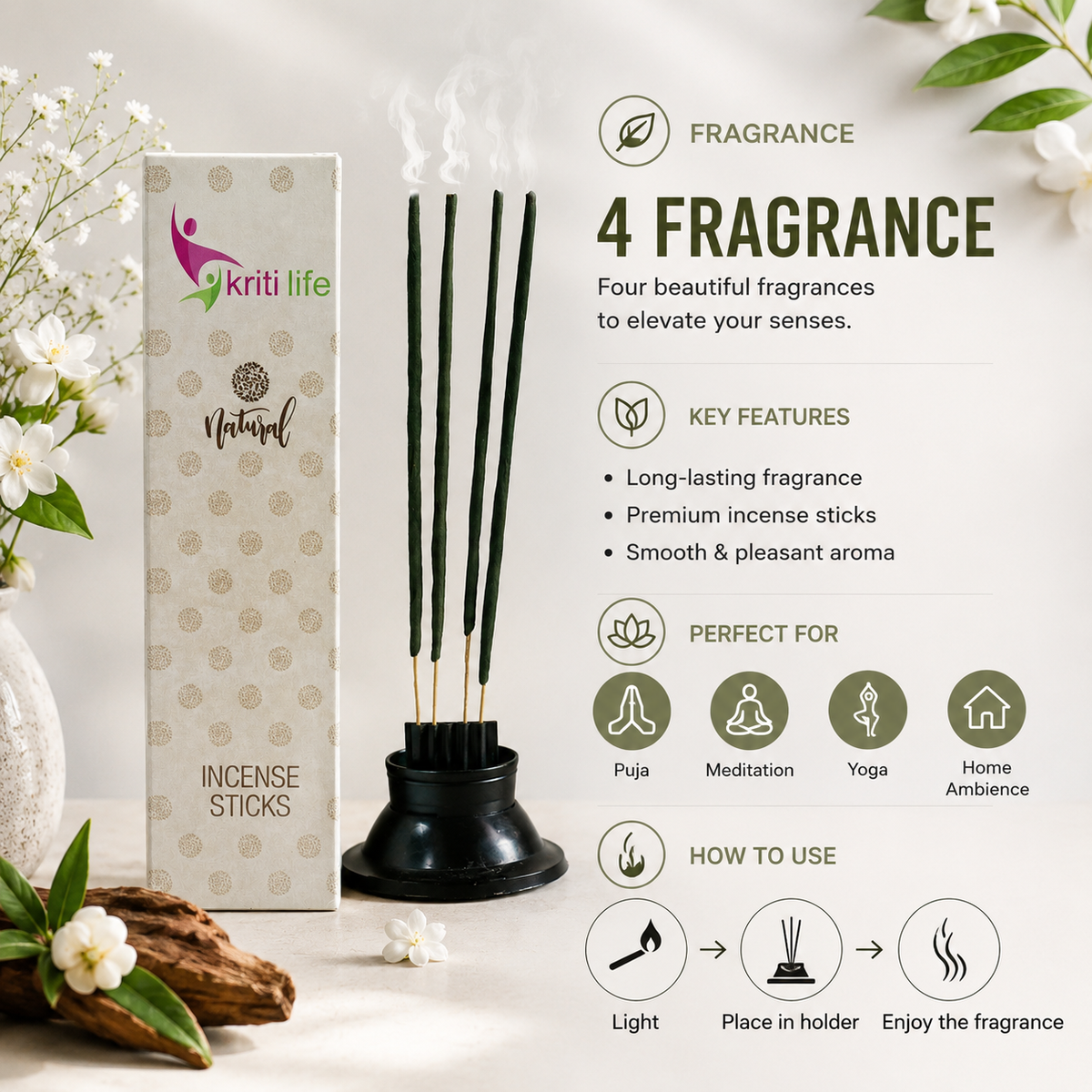 4 Fragrance Incense Sticks - 100 Pcs Perfect for Puja &amp; Relaxation