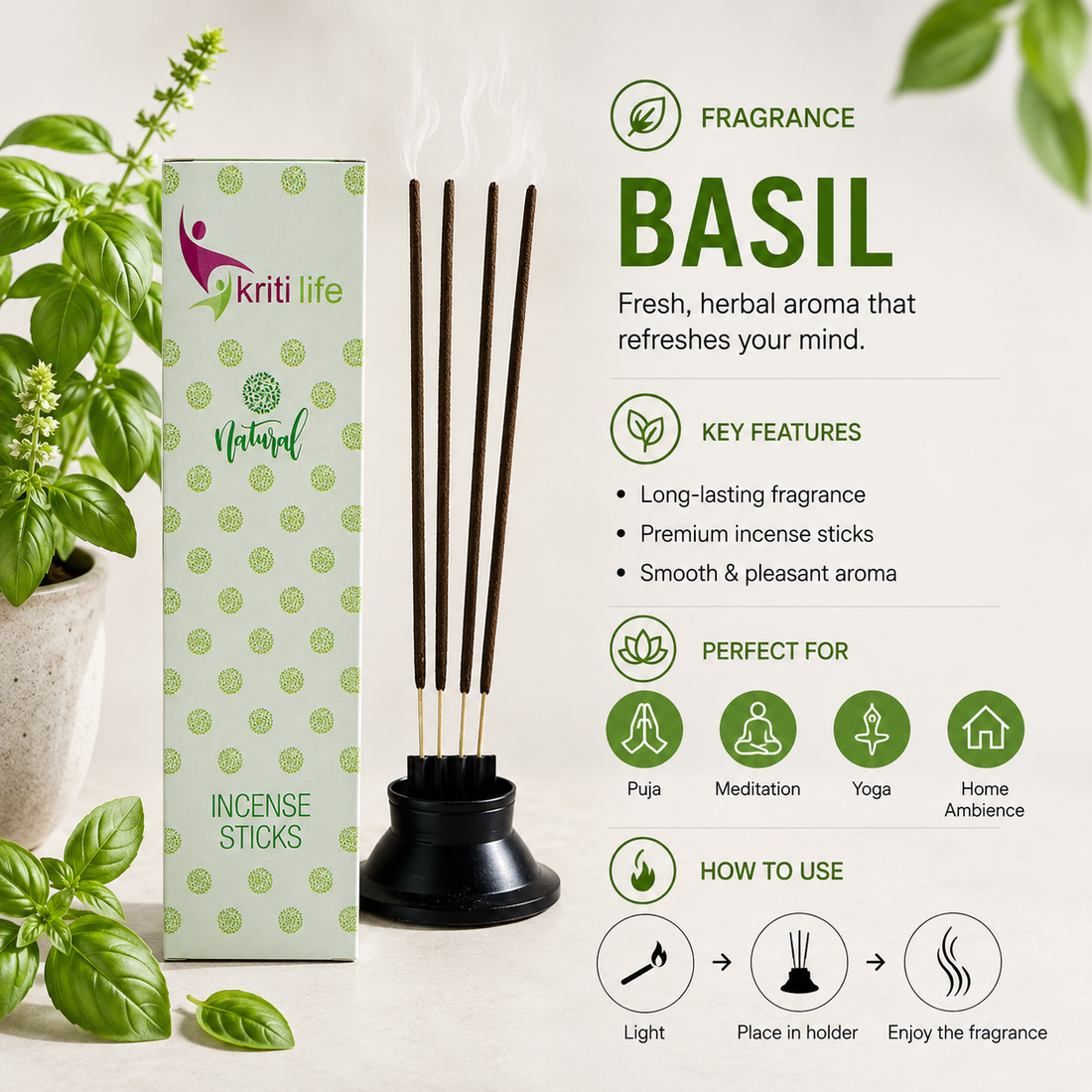 Basil Incense Sticks- 100 Pcs Perfect for Puja &amp; Relaxation