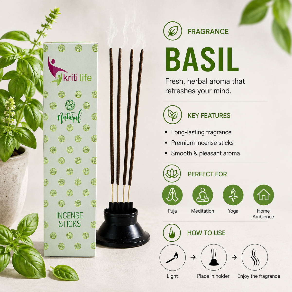 Basil Incense Sticks- 100 Pcs Perfect for Puja &amp; Relaxation