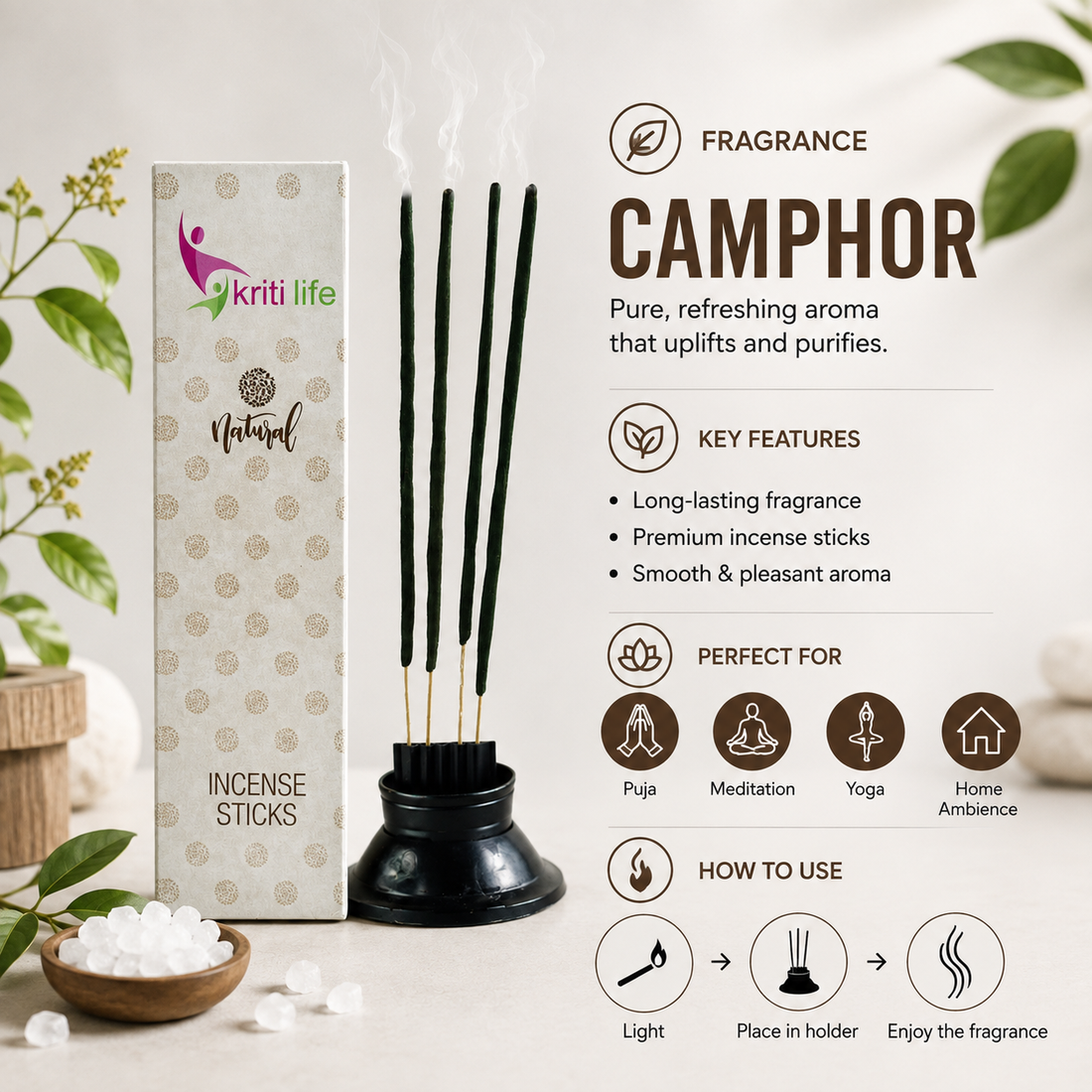 Camphor Incense Sticks-  100 Pcs Perfect for Puja &amp; Relaxation