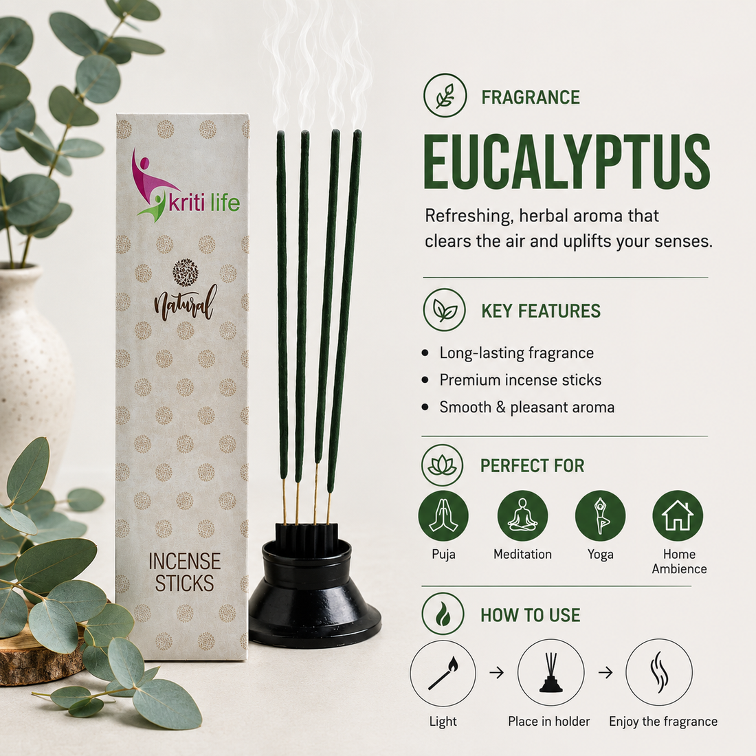 Eucalyptus Incense Sticks - 100 Pcs Perfect for Puja &amp; Relaxation