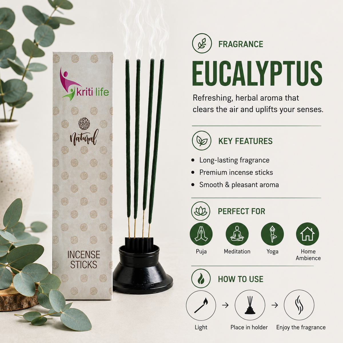 Eucalyptus Incense Sticks - 100 Pcs Perfect for Puja &amp; Relaxation