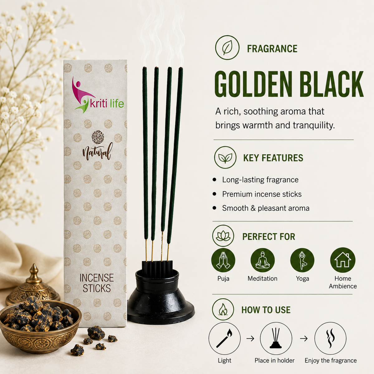 Golden Black Incense Sticks - 100 Pcs Perfect for Puja &amp; Relaxation