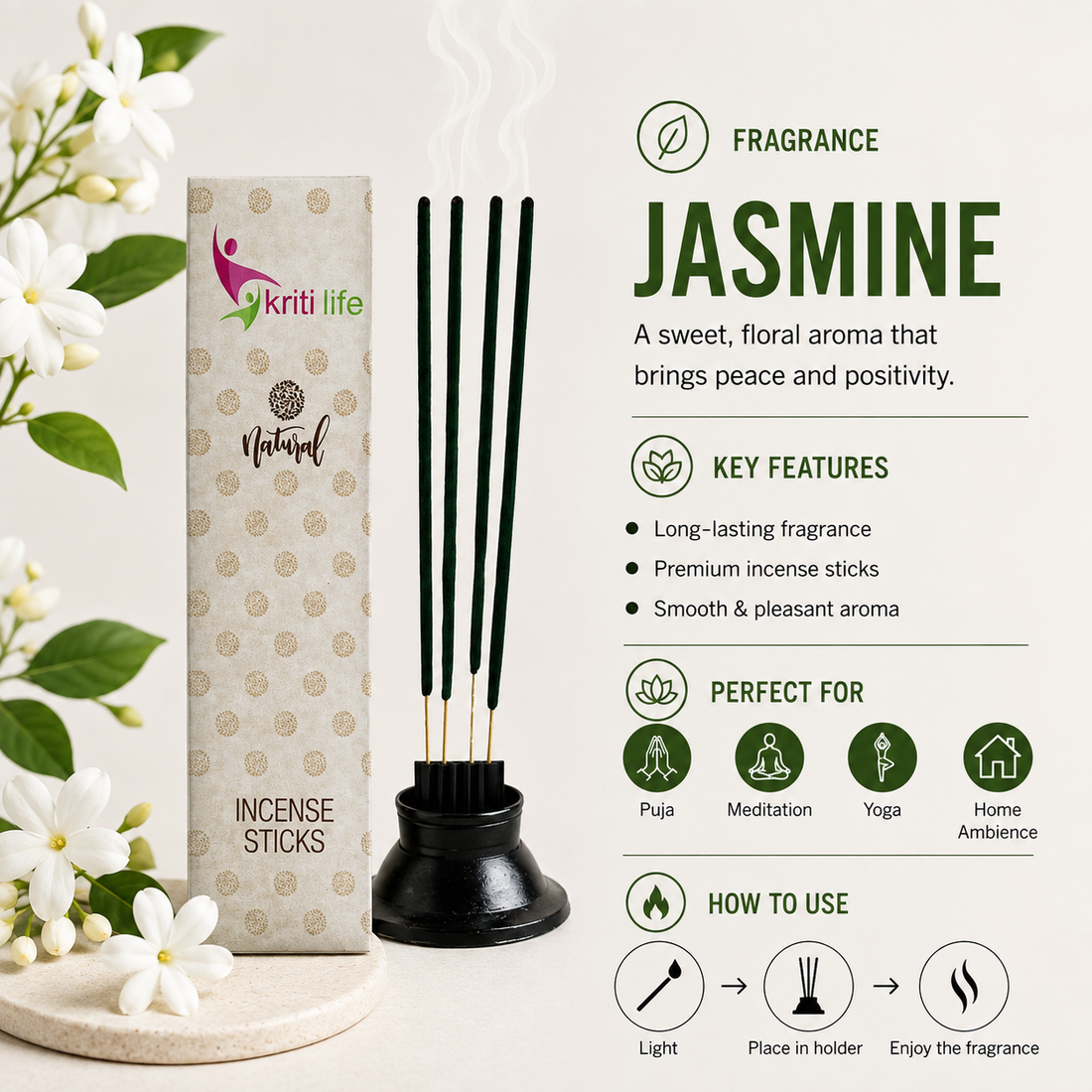 Jasmine Incense Sticks - 100 Pcs Perfect for Puja &amp; Relaxation