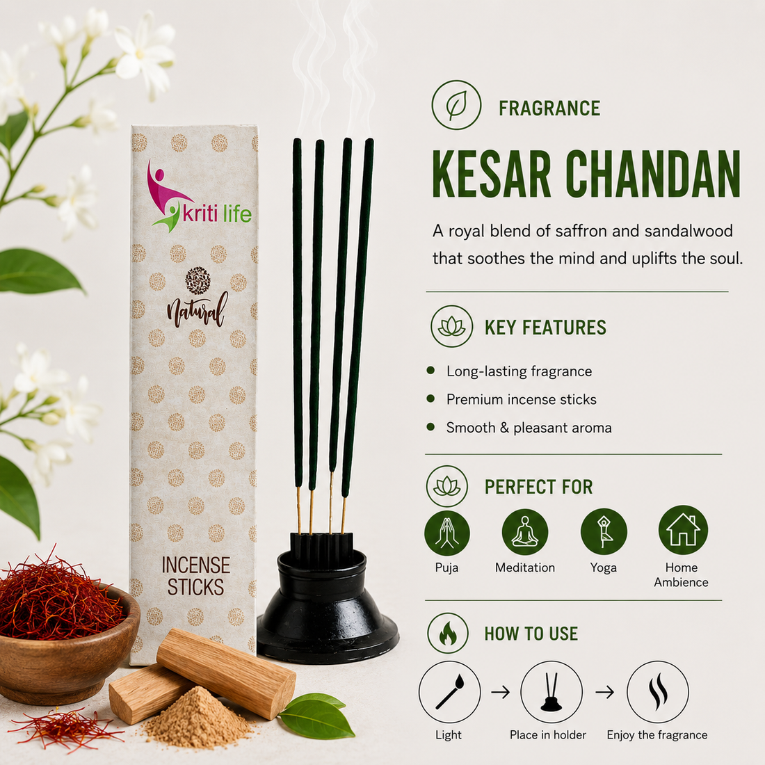 Kesar Chandan Incense Sticks - 100 Pcs Perfect for Puja &amp; Relaxation