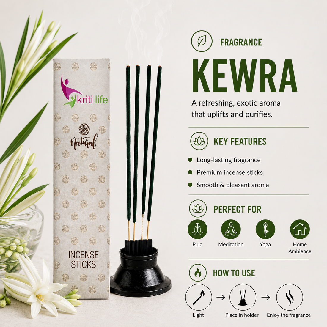 Kewra Incense Sticks - 100 Pcs Perfect for Puja &amp; Relaxation