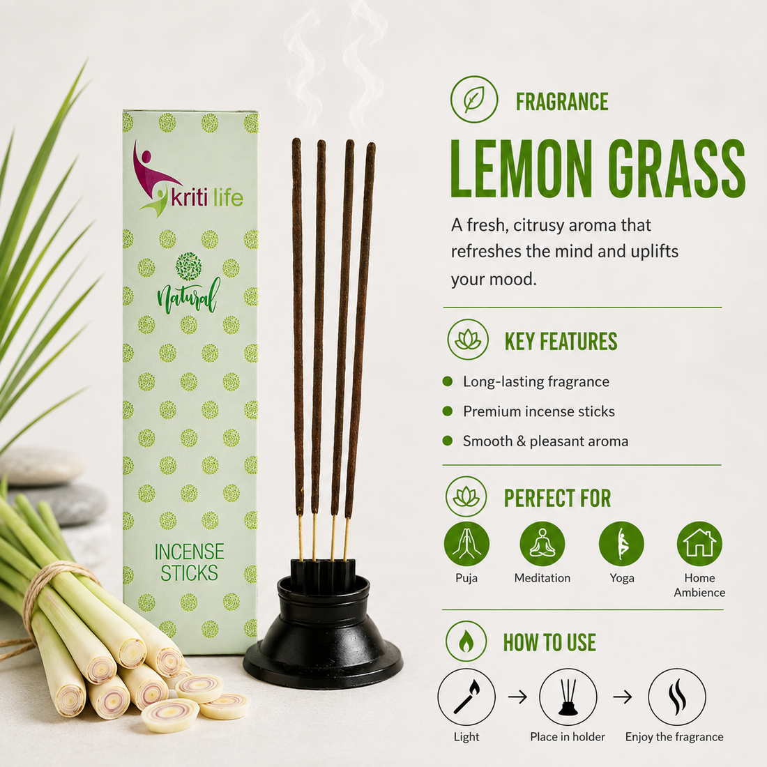 Lemon Grass Incense Sticks - 100 Pcs Perfect for Puja &amp; Relaxation
