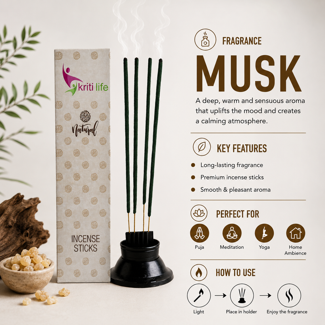 Musk Incense Sticks - 100 Pcs Perfect for Puja & Relaxation