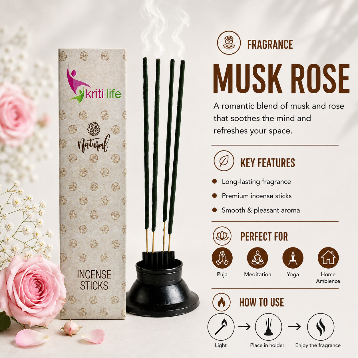 Musk Rose Incense Sticks - 100 Pcs Perfect for Puja &amp; Relaxation