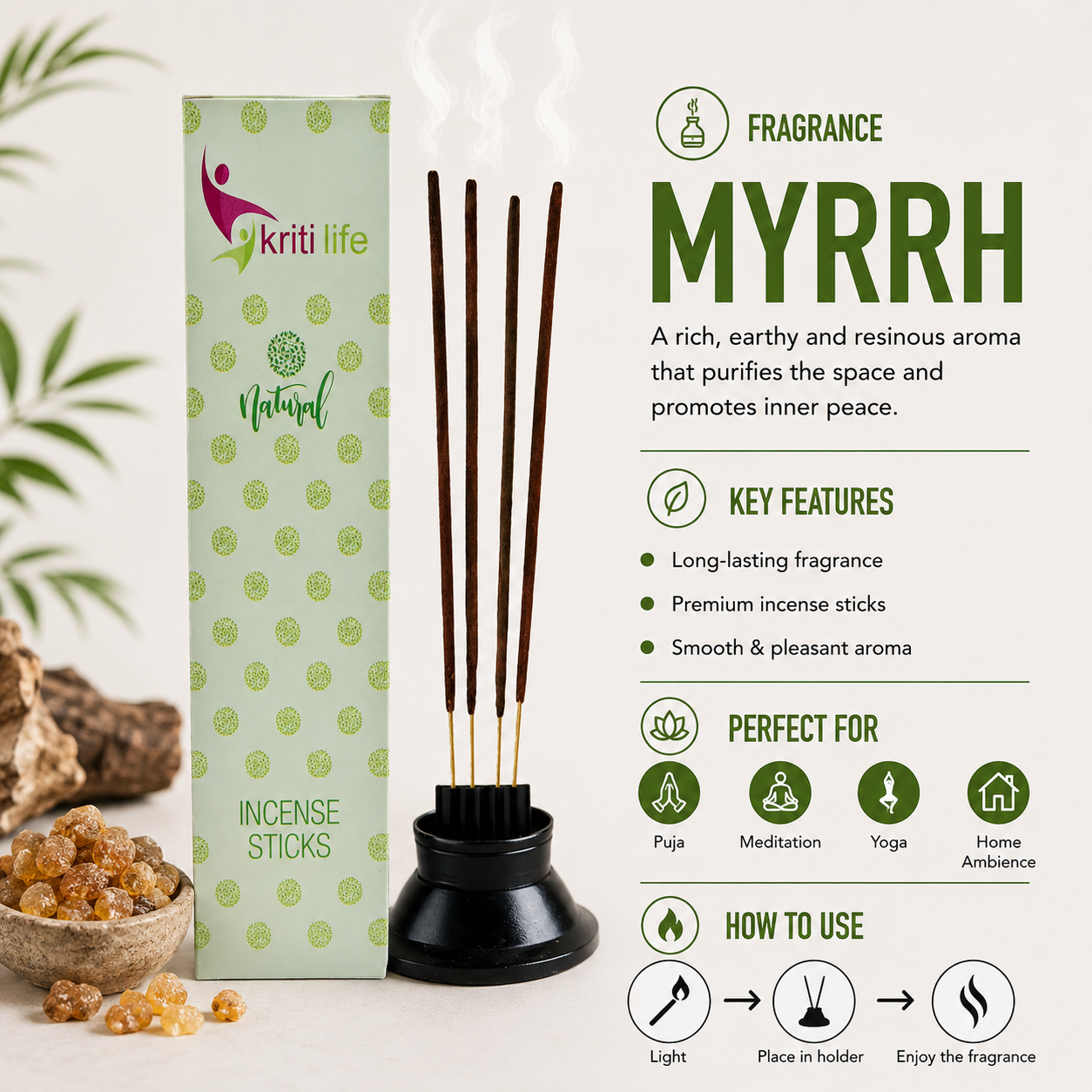 Myrrh Incense Sticks - 100 Pcs Perfect for Puja &amp; Relaxation