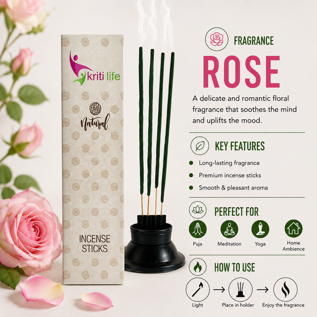 Rose Incense Sticks - 100 Pcs Perfect for Puja &amp; Relaxation