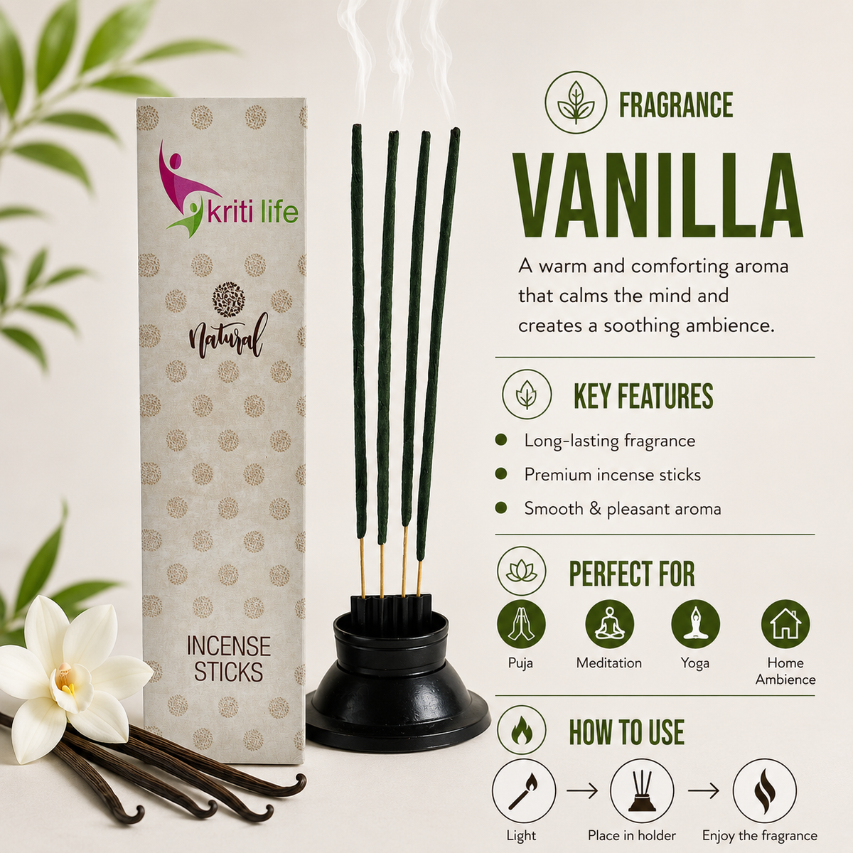 Vanilla Incense Sticks - 100 Pcs Perfect for Puja &amp; Relaxation