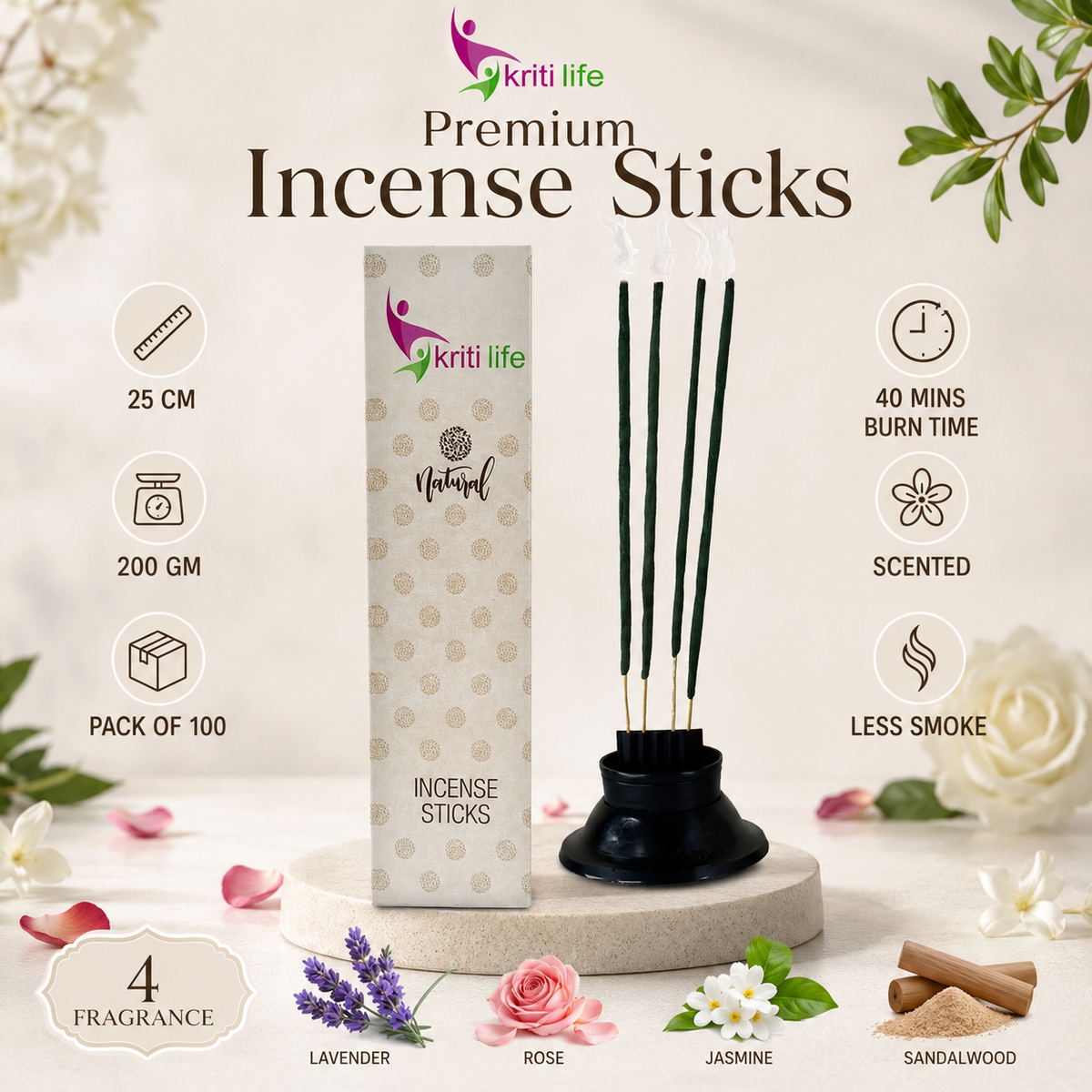 4 Fragrance Incense Sticks - 100 Pcs Perfect for Puja &amp; Relaxation