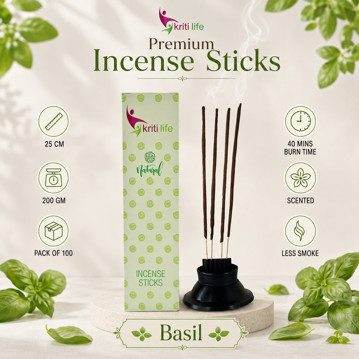 Basil Incense Sticks- 100 Pcs Perfect for Puja &amp; Relaxation