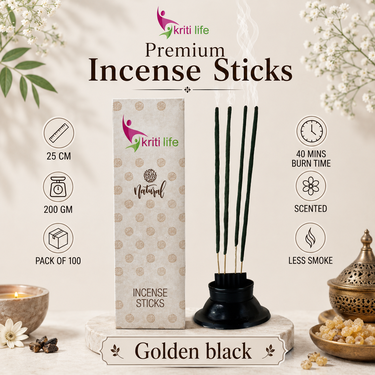 Golden Black Incense Sticks - 100 Pcs Perfect for Puja &amp; Relaxation