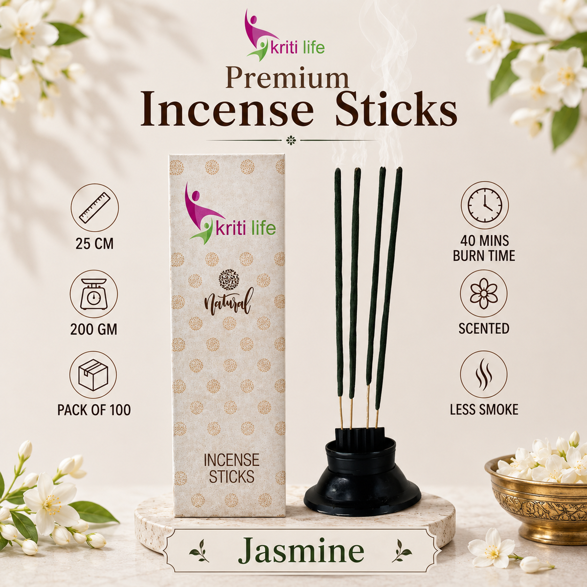 Jasmine Incense Sticks - 100 Pcs Perfect for Puja &amp; Relaxation
