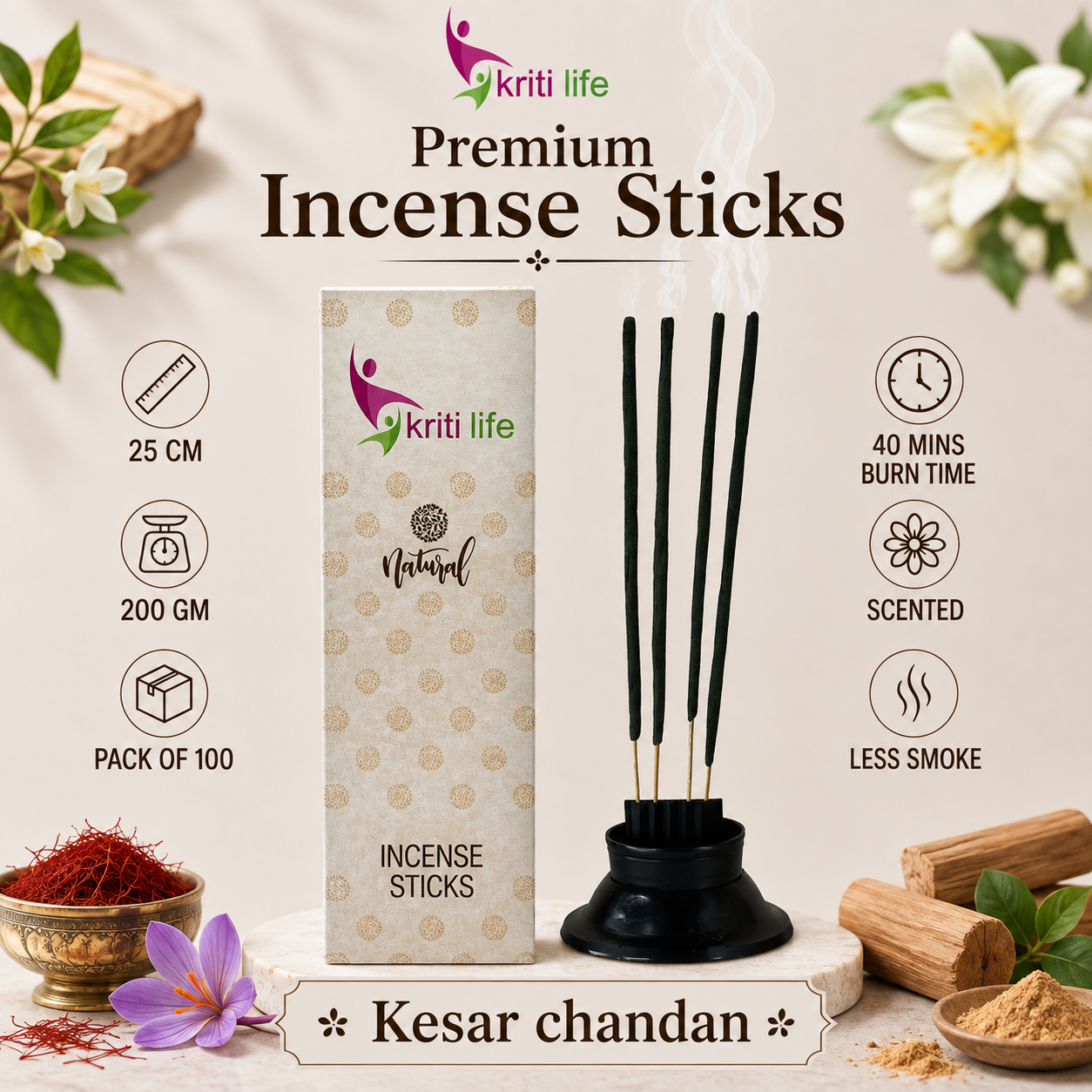 Kesar Chandan Incense Sticks - 100 Pcs Perfect for Puja &amp; Relaxation