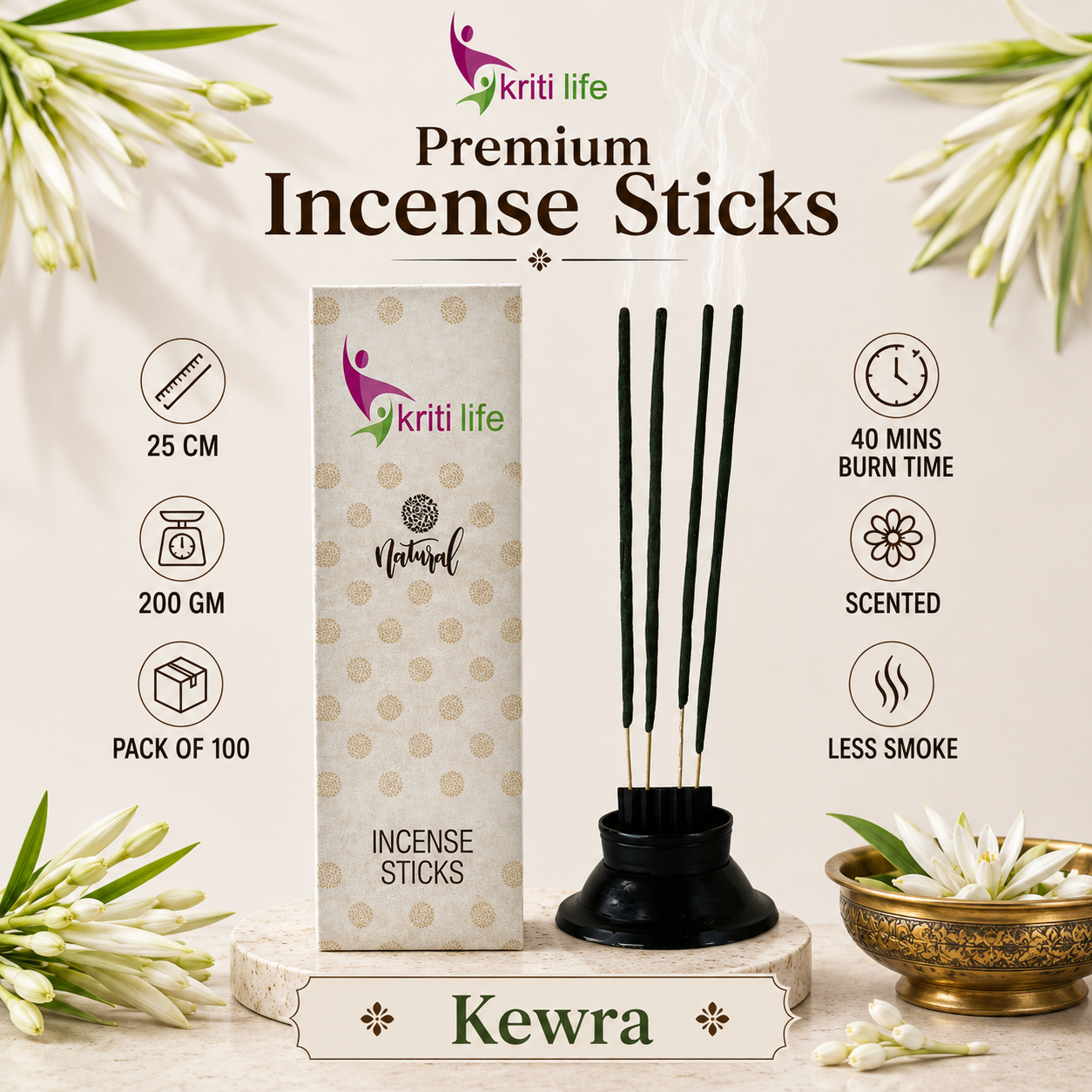 Kewra Incense Sticks - 100 Pcs Perfect for Puja &amp; Relaxation