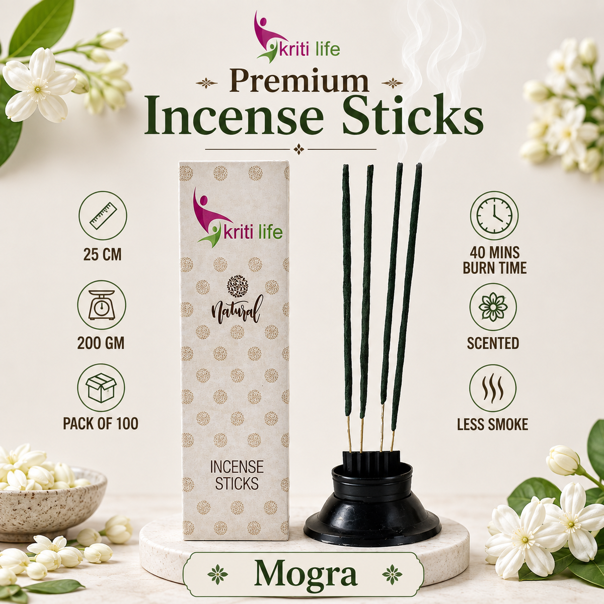 Mogra Incense Sticks - 100 Pcs Perfect for Puja &amp; Relaxation