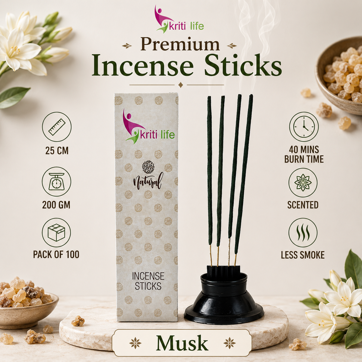 Musk Incense Sticks - 100 Pcs Perfect for Puja & Relaxation