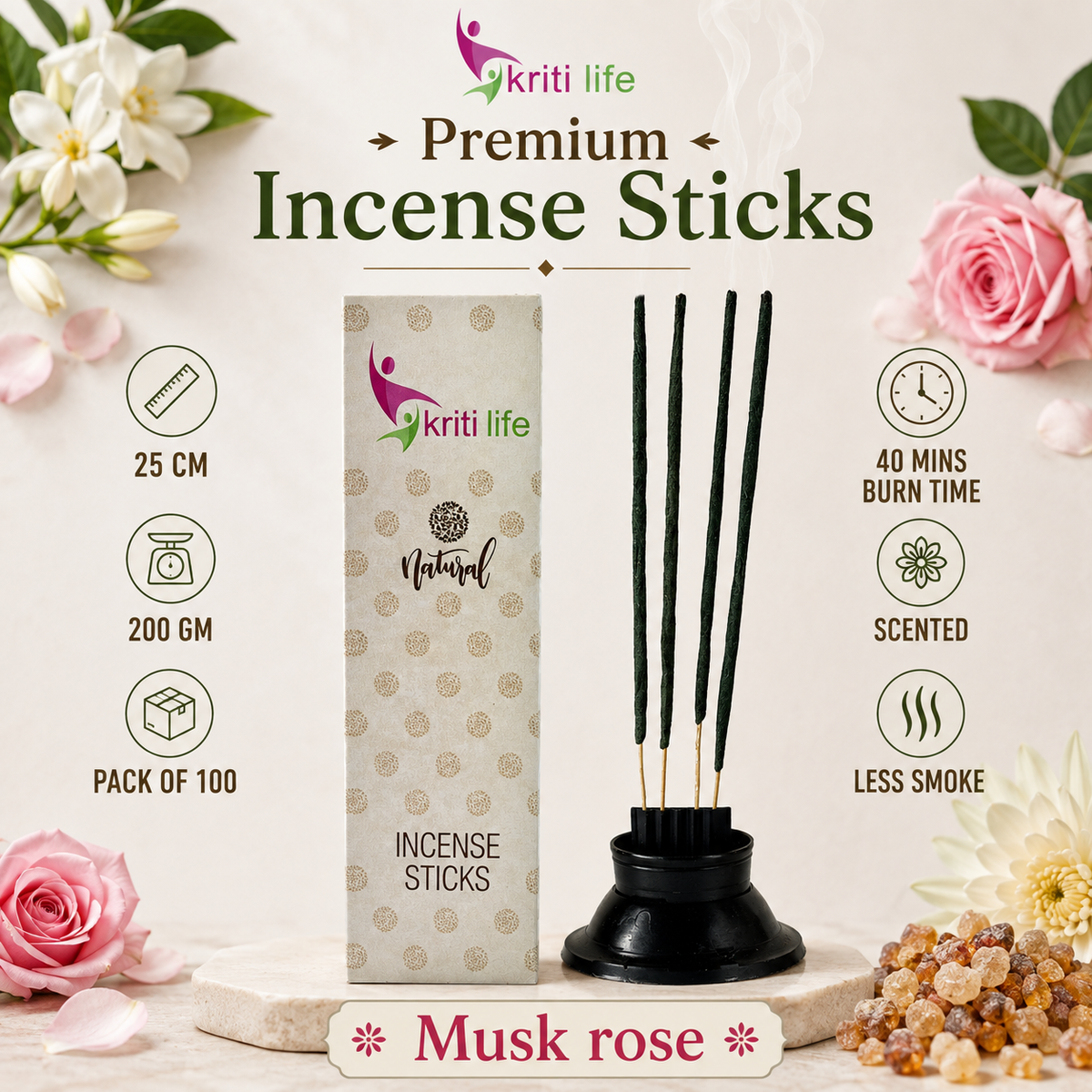 Musk Rose Incense Sticks - 100 Pcs Perfect for Puja &amp; Relaxation