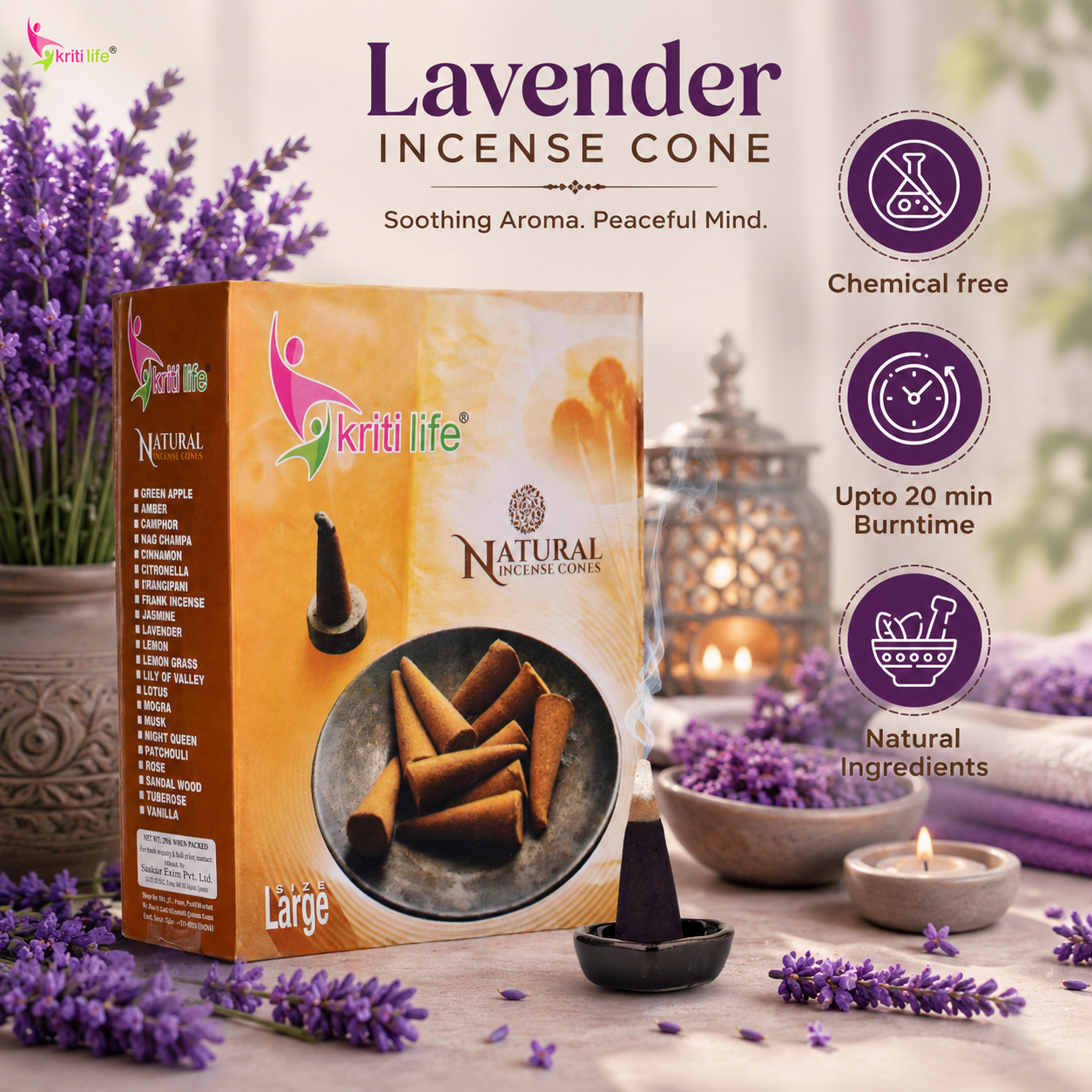 Lavender Incense Cone - 60 Pcs Burn Time 40 Minutes