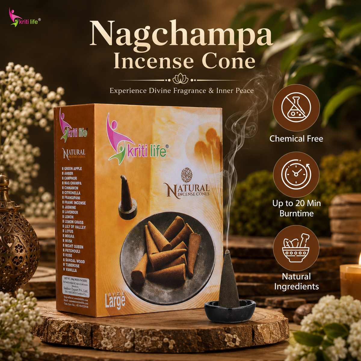 Nag Champa Incense Cone -  60 Pcs Burn Time 40 Minutes