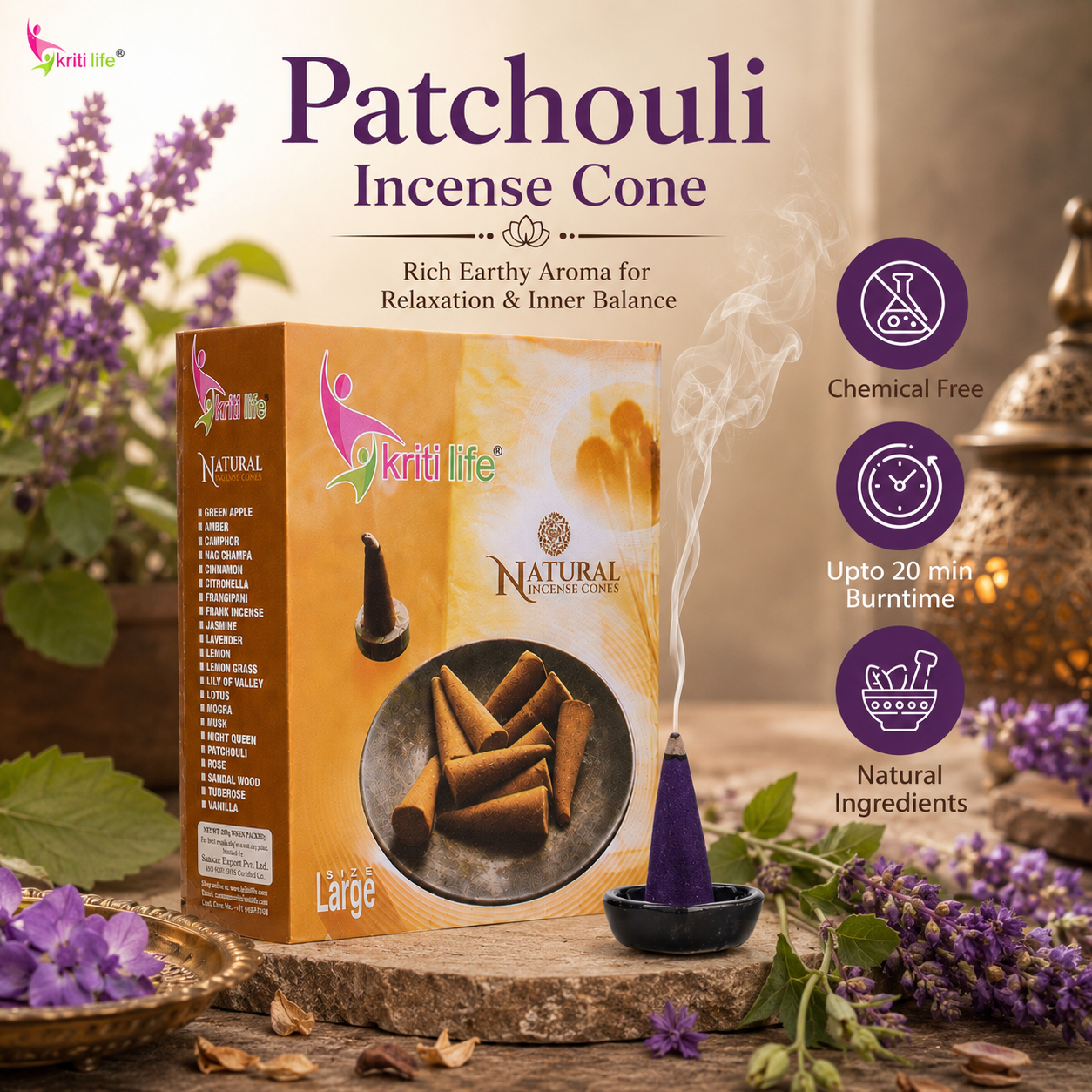 Patchouli Incense Cone - 60 Pcs Burn Time 40 Minutes