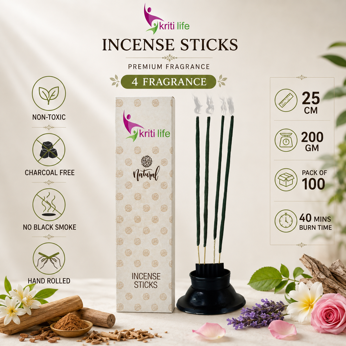 4 Fragrance Incense Sticks - 100 Pcs Perfect for Puja &amp; Relaxation