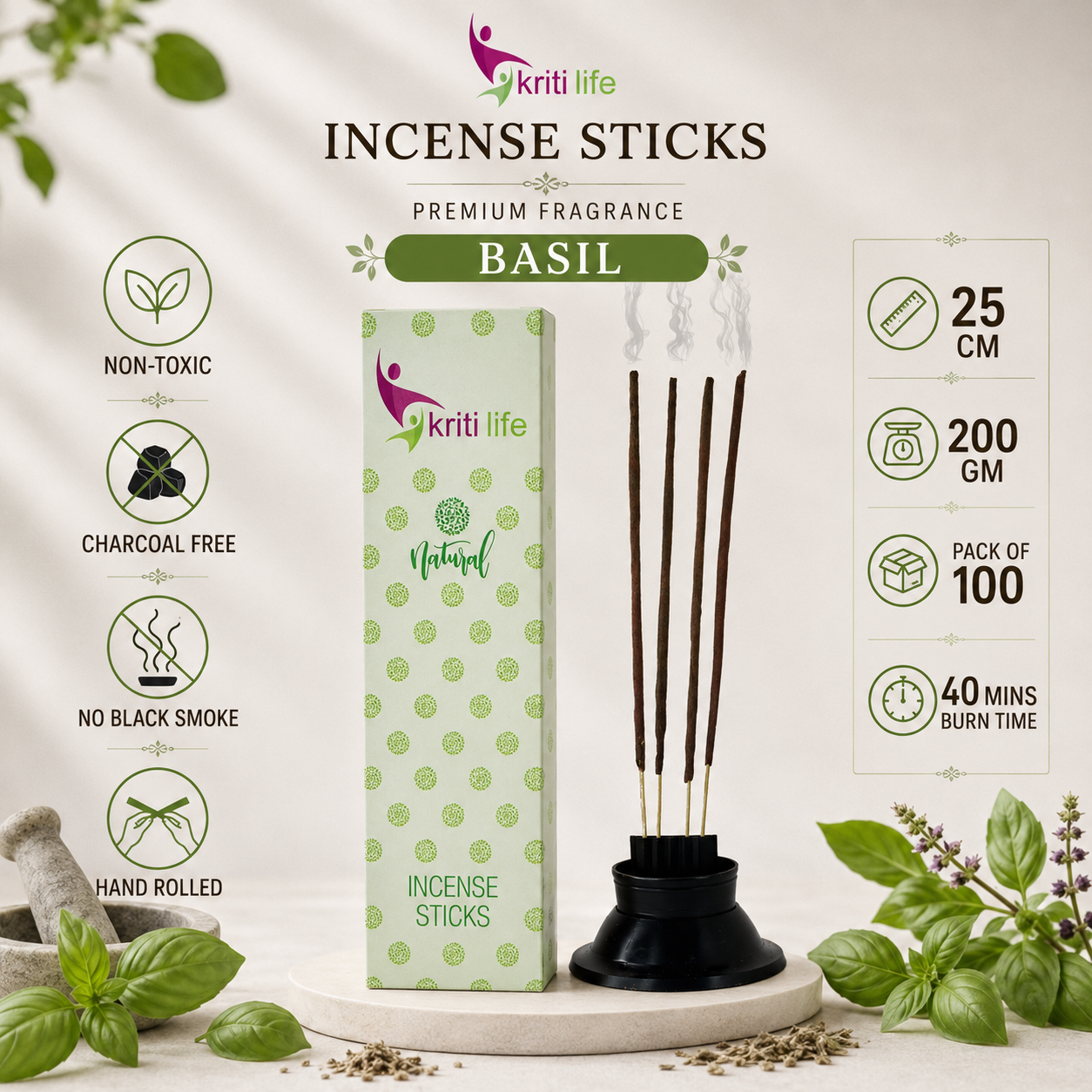 Basil Incense Sticks- 100 Pcs Perfect for Puja &amp; Relaxation