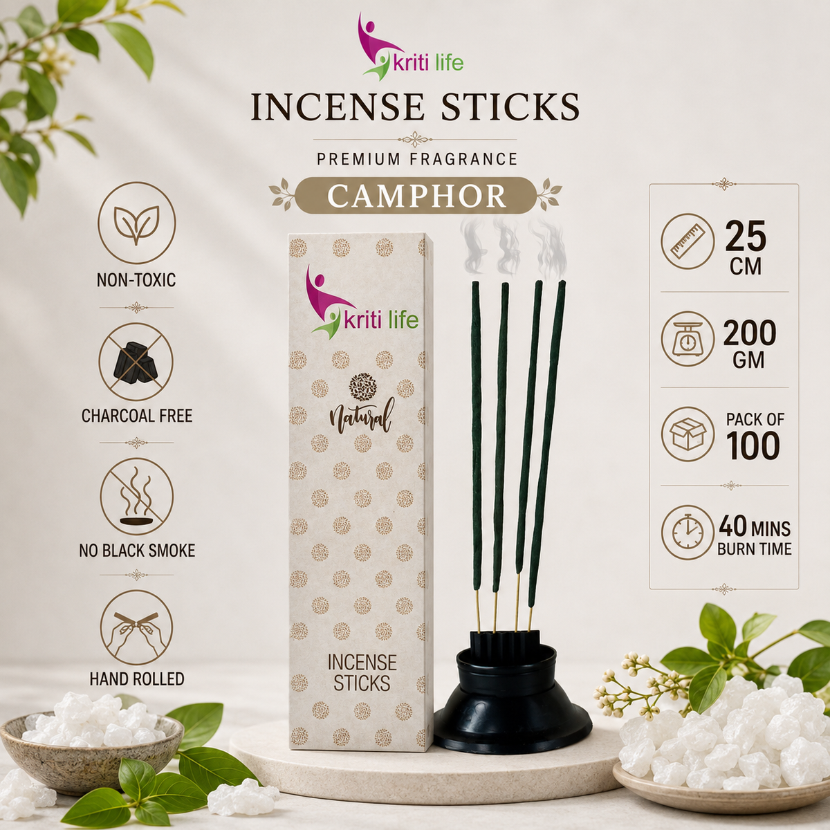 Camphor Incense Sticks-  100 Pcs Perfect for Puja &amp; Relaxation