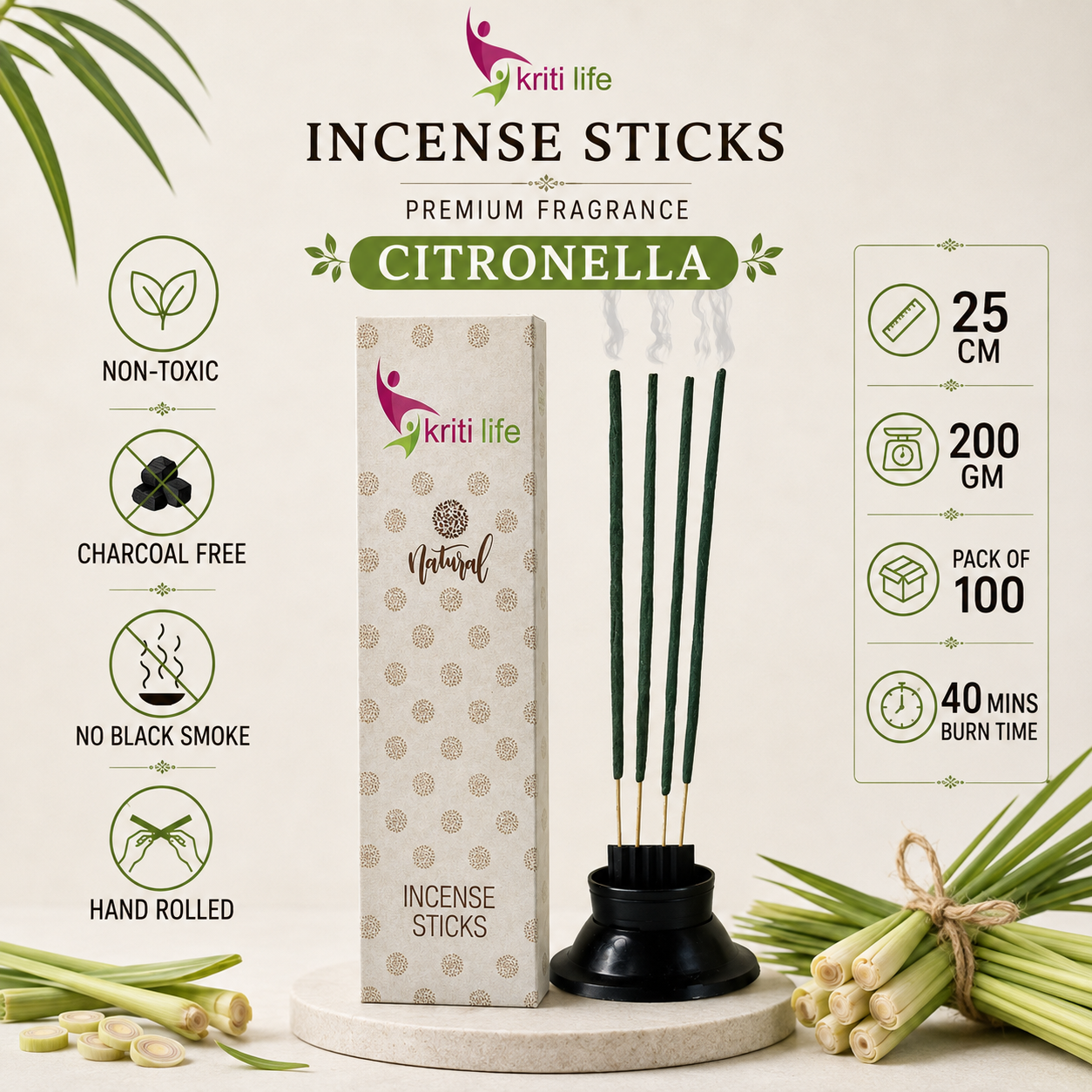 Citronella Incense Sticks - 100 Pcs Perfect for Puja &amp; Relaxation