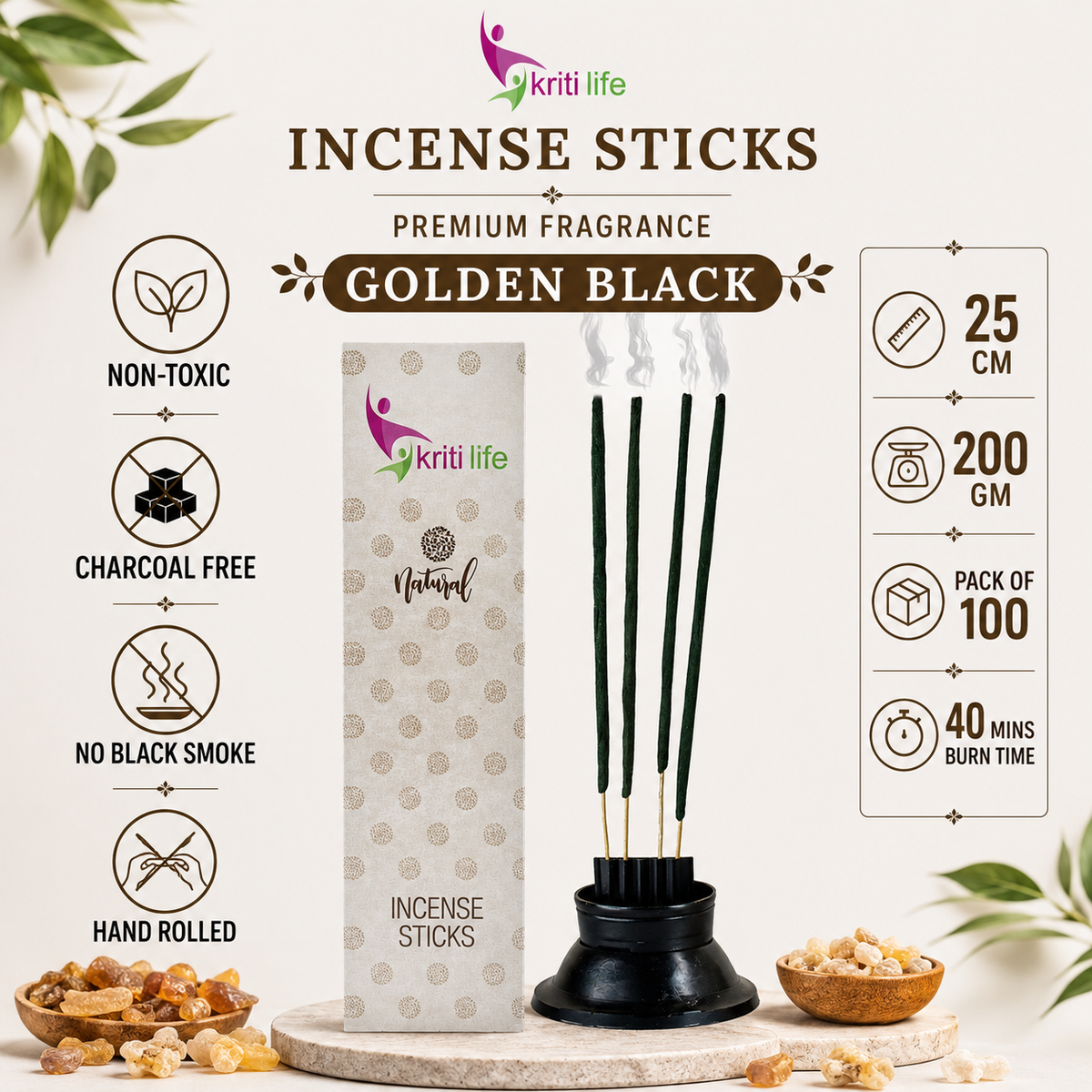 Golden Black Incense Sticks - 100 Pcs Perfect for Puja &amp; Relaxation