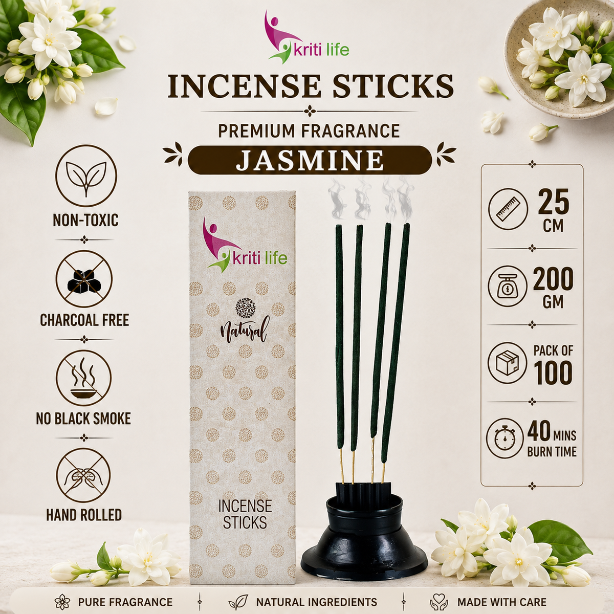 Jasmine Incense Sticks - 100 Pcs Perfect for Puja &amp; Relaxation