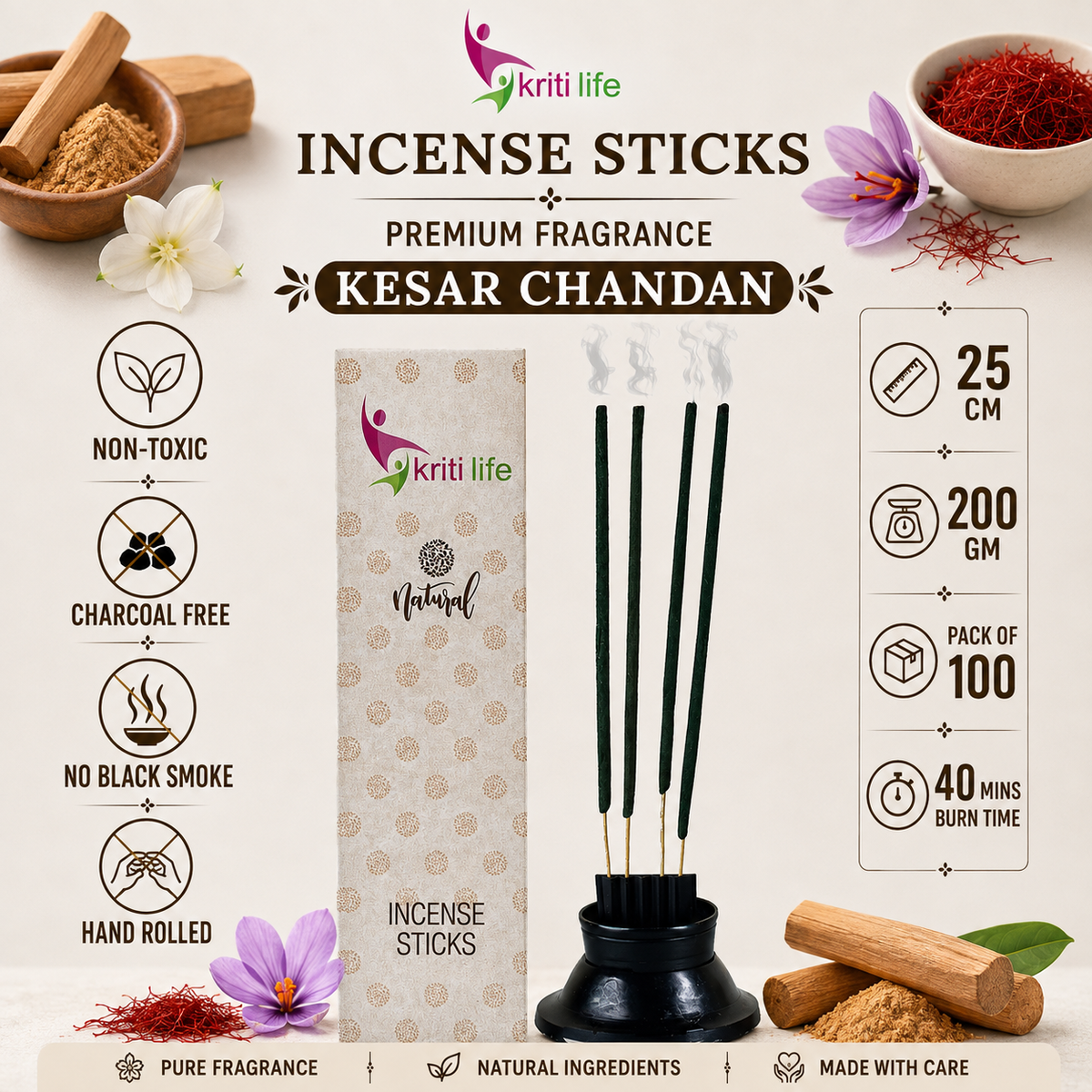 Kesar Chandan Incense Sticks - 100 Pcs Perfect for Puja &amp; Relaxation