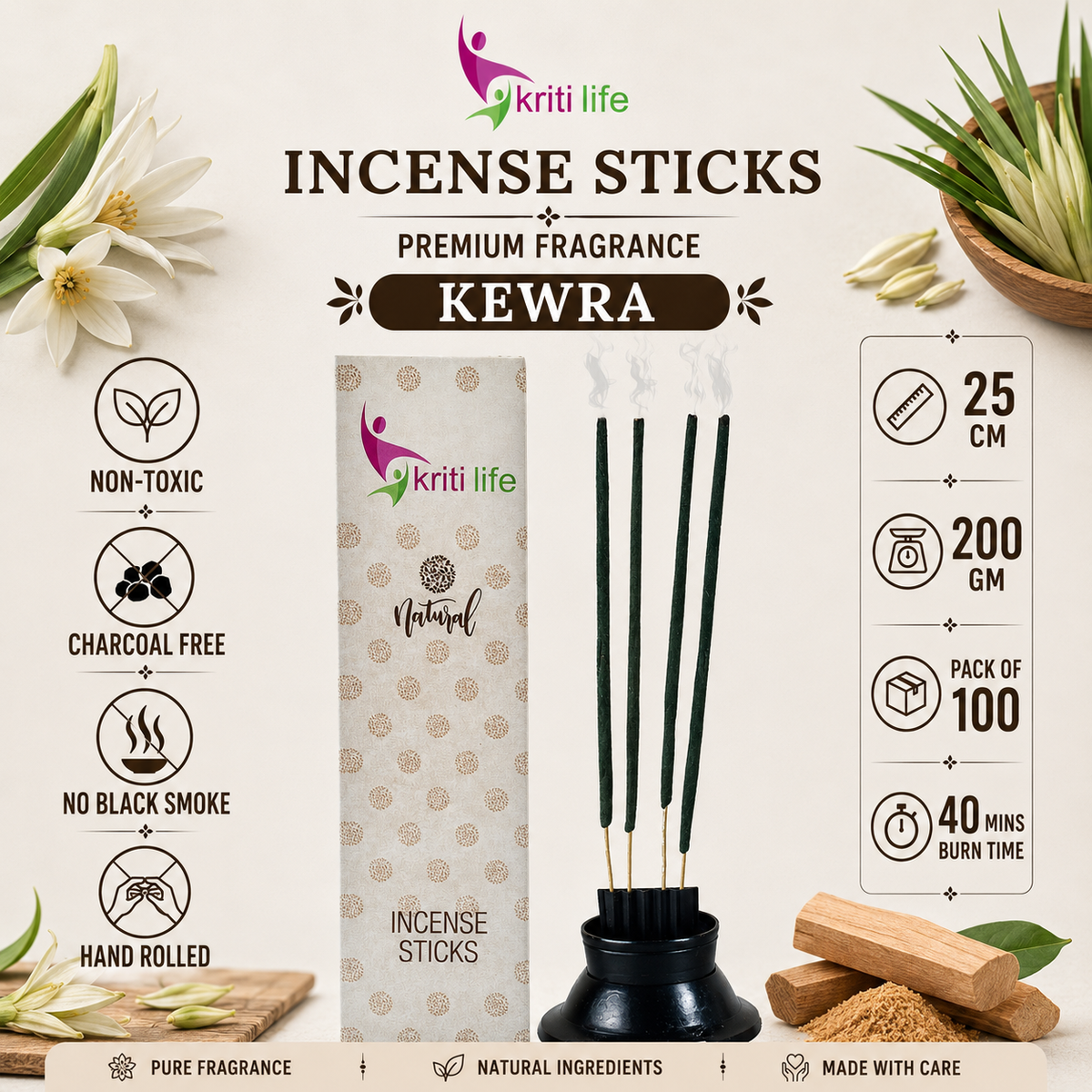 Kewra Incense Sticks - 100 Pcs Perfect for Puja &amp; Relaxation