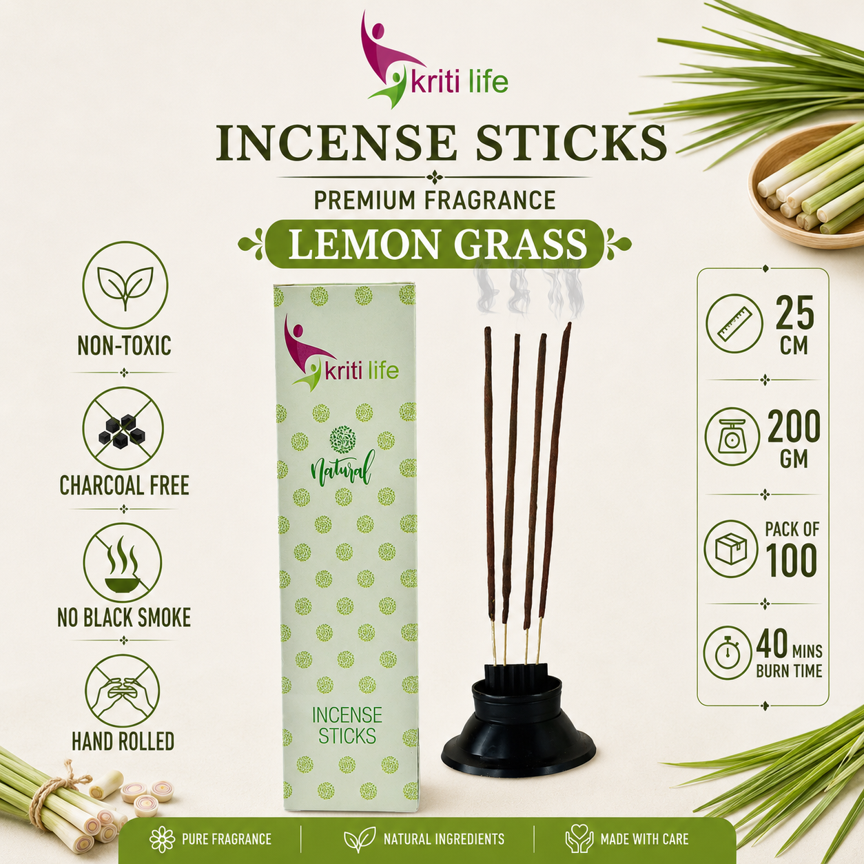 Lemon Grass Incense Sticks - 100 Pcs Perfect for Puja &amp; Relaxation