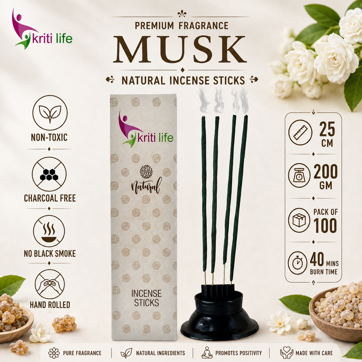 Musk Incense Sticks - 100 Pcs Perfect for Puja & Relaxation