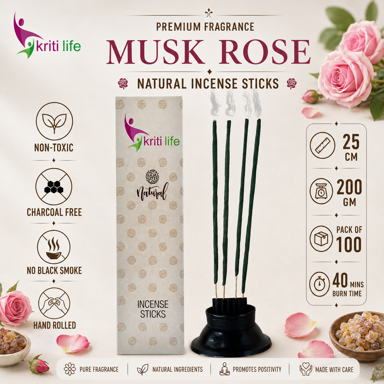 Musk Rose Incense Sticks - 100 Pcs Perfect for Puja &amp; Relaxation