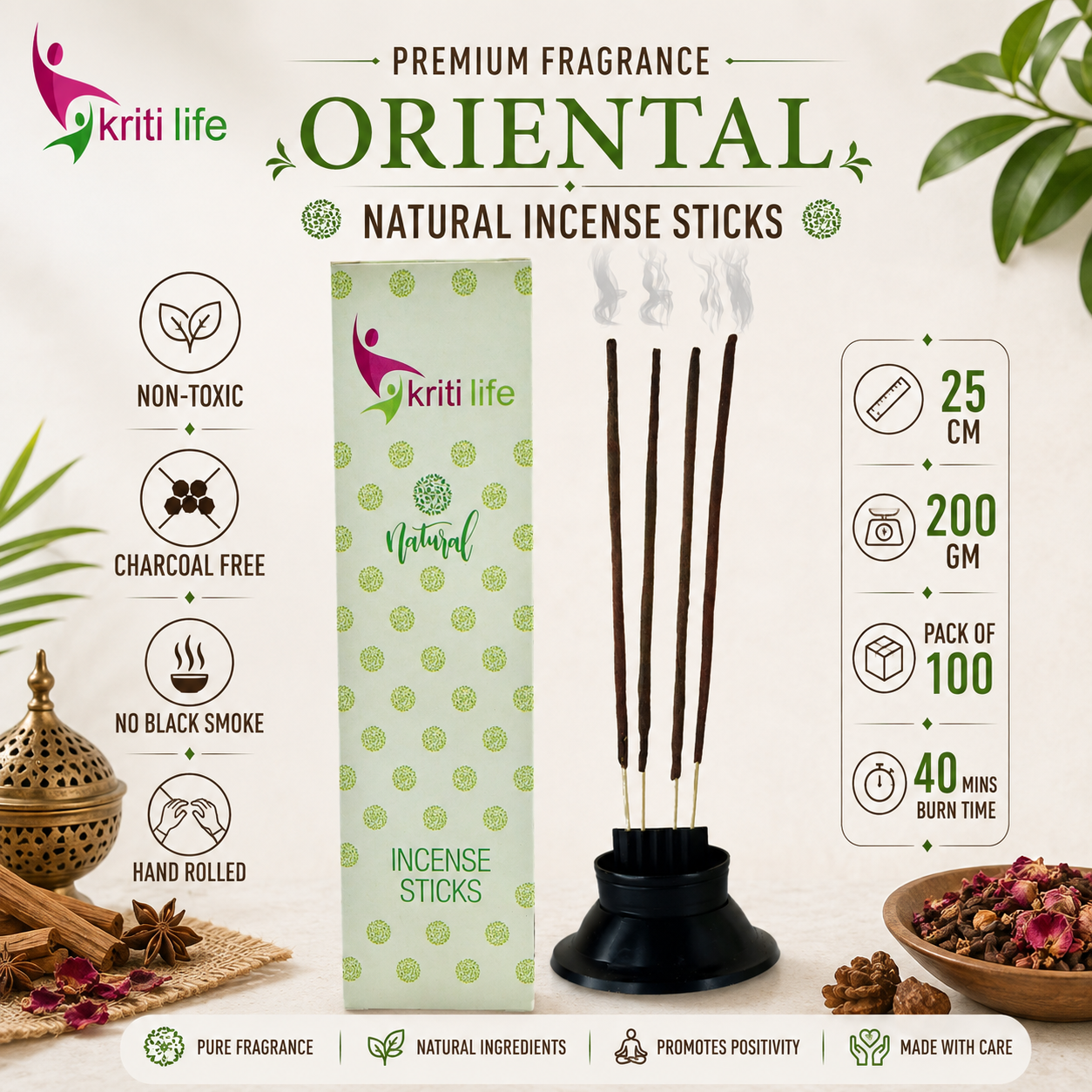 Oriental Incense Sticks - 100 Pcs Perfect for Puja &amp; Relaxation