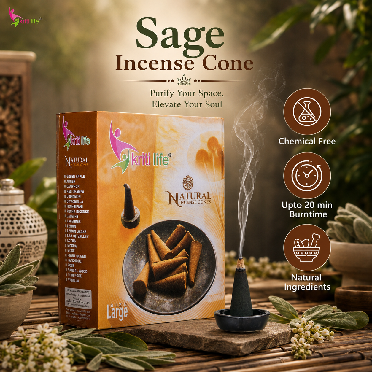 Sage Incense Cone - 60 Pcs Burn Time 40 Minutes